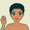 a pixel art headshot of a dark-skinned person with short dark curly hair